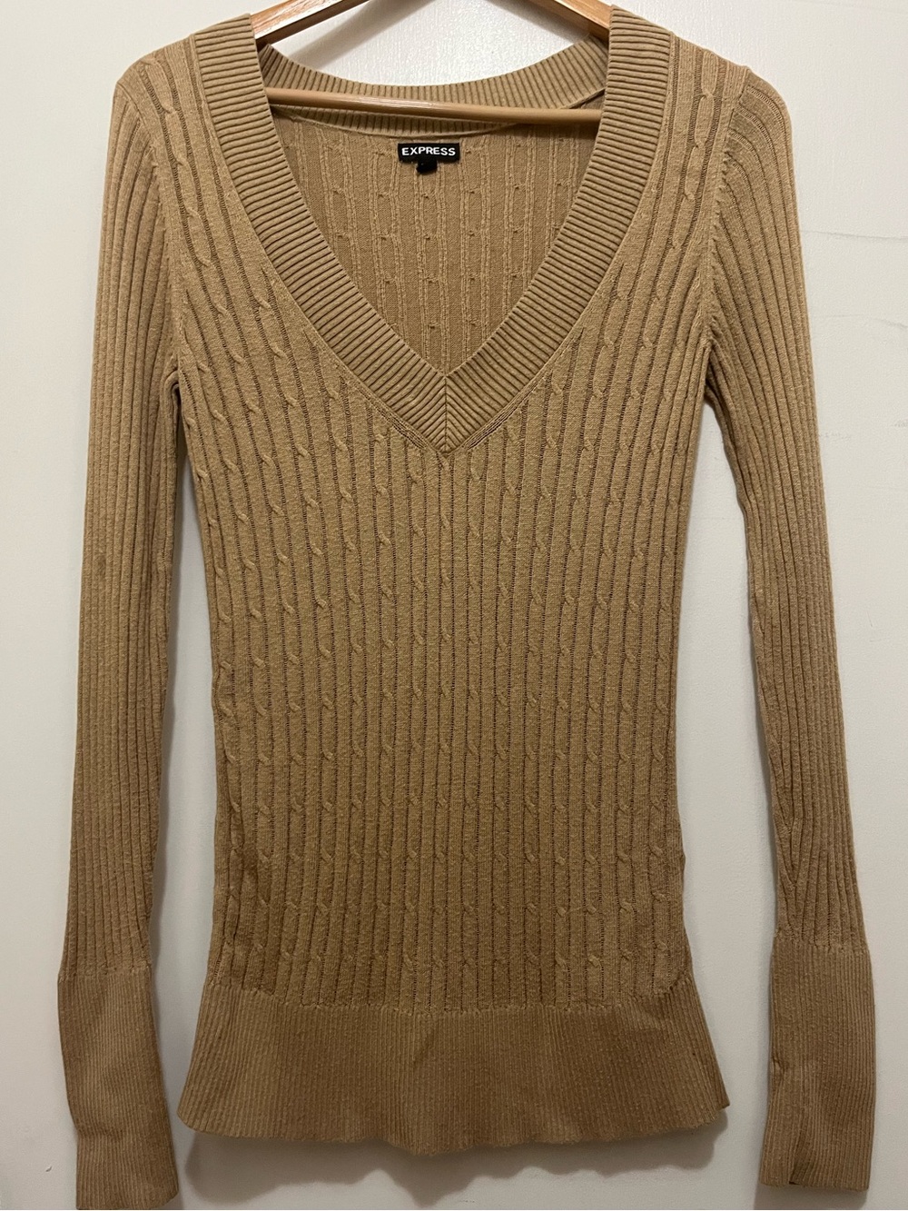 Women's Camel Cable V-Neck Sweater
